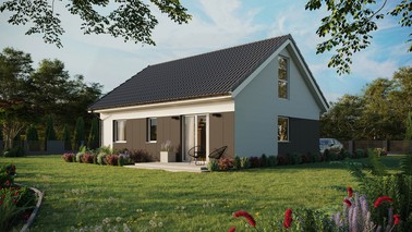 Projekt ERDOL 2 - Wersja lewa (salon po lewej stronie) - Dwuspadowy z poddaszem użytkowym – kąt nachylenia 35 stopni - Bez okien/świetlików dachowych - Okna na poddaszu do podłogi - Styropian, siatka i klej - Biały - Bez instalacji fotowoltaicznej