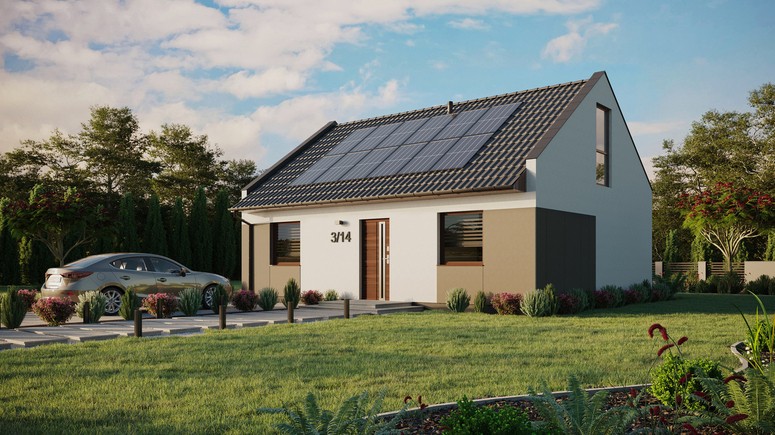 Projekt ERDOL 2 - Wersja lewa (salon po lewej stronie) - Dwuspadowy nowoczesny z poddaszem użytkowym – kąt nachylenia 35 stopni - Bez okien/świetlików dachowych - Okno balkonowe w jadalni i okna na poddaszu do podłogi - Styropian, siatka i klej - Orzech - Instalacja fotowoltaiczna 4,8 kWp (12 paneli)