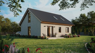 Projekt ERDOL 2 - Wersja prawa (salon po prawej stronie) - Dwuspadowy z poddaszem użytkowym – kąt nachylenia 35 stopni - Okno dachowe pokojowe i łazienkowe - Okno balkonowe w jadalni i okna na poddaszu do podłogi - Bez styropianu, siatki i kleju - Złoty dąb - Bez instalacji fotowoltaicznej