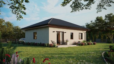 Projekt ERDOL 2 - Wersja prawa (salon po prawej stronie) - Czterospadowy bez poddasza użytkowego – kąt nachylenia 25 stopni - Bez okien/świetlików dachowych - Okna standardowe - Bez styropianu, siatki i kleju - Orzech