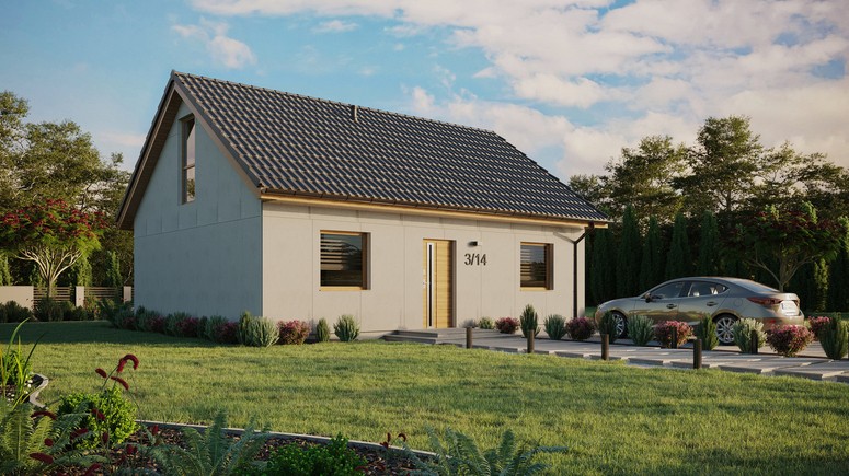 Projekt ERDOL 2 - Wersja prawa (salon po prawej stronie) - Dwuspadowy z poddaszem użytkowym – kąt nachylenia 35 stopni - Bez okien/świetlików dachowych - Okno balkonowe w jadalni i okna na poddaszu do podłogi - Bez styropianu, siatki i kleju - Winchester - Bez instalacji fotowoltaicznej