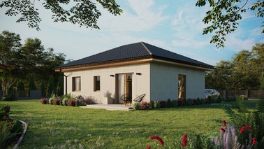 Projekt ERDOL 2 - Wersja lewa (salon po lewej stronie) - Czterospadowy bez poddasza użytkowego – kąt nachylenia 25 stopni - Świetlik dachowy - Okno balkonowe w jadalni - Bez styropianu, siatki i kleju - Winchester