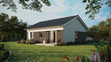 Projekt ERDOL 2 - Wersja lewa (salon po lewej stronie) - Dwuspadowy bez poddasza użytkowego – kąt nachylenia 25 stopni - Bez okien/świetlików dachowych - Okna standardowe - Styropian, siatka i klej - Biały - Bez instalacji fotowoltaicznej