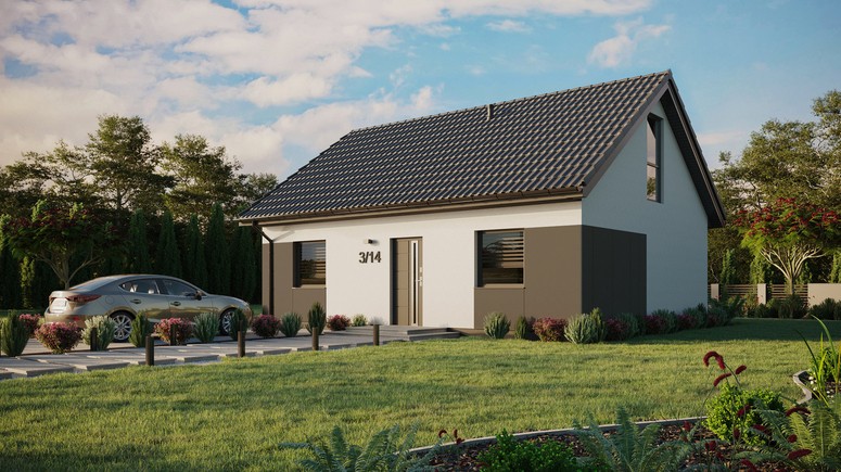 Projekt ERDOL 2 - Wersja lewa (salon po lewej stronie) - Dwuspadowy z poddaszem użytkowym – kąt nachylenia 35 stopni - Bez okien/świetlików dachowych - Okno balkonowe w jadalni i okna na poddaszu do podłogi - Styropian, siatka i klej - Antracyt - Bez instalacji fotowoltaicznej