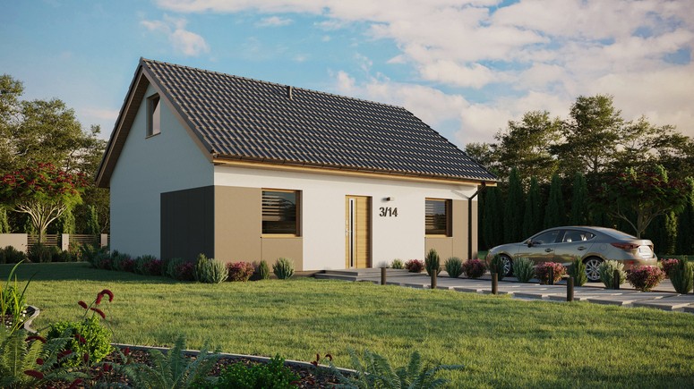 Projekt ERDOL 2 - Wersja prawa (salon po prawej stronie) - Dwuspadowy z poddaszem użytkowym – kąt nachylenia 35 stopni - Bez okien/świetlików dachowych - Okna standardowe - Styropian, siatka i klej - Winchester - Bez instalacji fotowoltaicznej