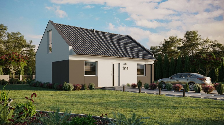 Projekt ERDOL 2 - Wersja prawa (salon po prawej stronie) - Dwuspadowy nowoczesny z poddaszem użytkowym – kąt nachylenia 35 stopni - Bez okien/świetlików dachowych - Okno balkonowe w jadalni i okna na poddaszu do podłogi - Styropian, siatka i klej - Biały - Bez instalacji fotowoltaicznej