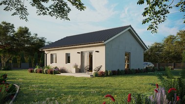 Projekt ERDOL 2 - Wersja lewa (salon po lewej stronie) - Dwuspadowy bez poddasza użytkowego – kąt nachylenia 25 stopni - Bez okien/świetlików dachowych - Okno balkonowe w jadalni - Bez styropianu, siatki i kleju - Biały - Bez instalacji fotowoltaicznej