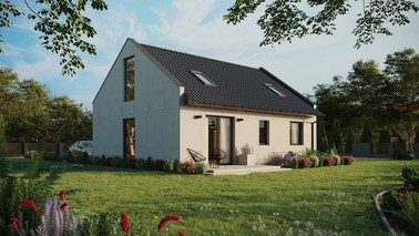 Projekt ERDOL 2 - Wersja prawa (salon po prawej stronie) - Dwuspadowy nowoczesny z poddaszem użytkowym – kąt nachylenia 35 stopni - Dwa okna dachowe pokojowe - Okno balkonowe w jadalni i okna na poddaszu do podłogi - Bez styropianu, siatki i kleju - Antracyt - Bez instalacji fotowoltaicznej