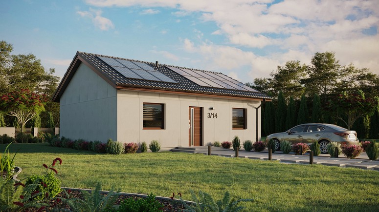 Projekt ERDOL 2 - Wersja prawa (salon po prawej stronie) - Dwuspadowy bez poddasza użytkowego – kąt nachylenia 25 stopni - Bez okien/świetlików dachowych - Okna standardowe - Bez styropianu, siatki i kleju - Orzech - Instalacja fotowoltaiczna 6,4 kWp (16 paneli)