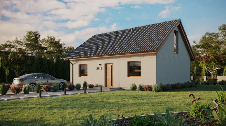 Projekt ERDOL 2 - Wersja lewa (salon po lewej stronie) - Dwuspadowy z poddaszem użytkowym – kąt nachylenia 35 stopni - Dwa okna dachowe pokojowe - Okna na poddaszu do podłogi - Bez styropianu, siatki i kleju - Złoty dąb - Bez instalacji fotowoltaicznej