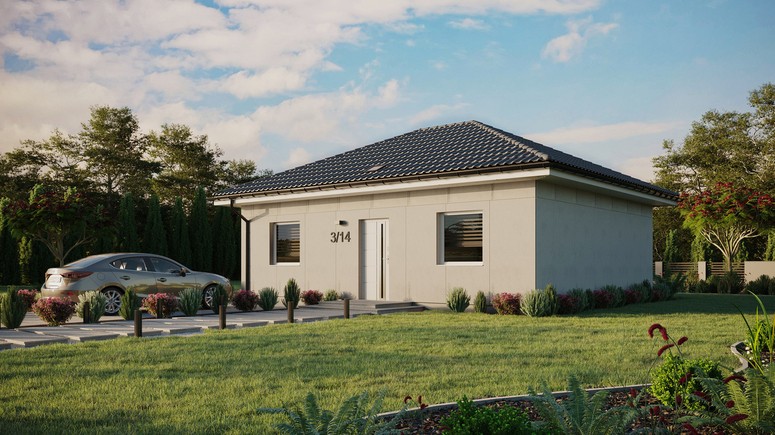 Projekt ERDOL 2 - Wersja lewa (salon po lewej stronie) - Czterospadowy bez poddasza użytkowego – kąt nachylenia 25 stopni - Świetlik dachowy - Okna standardowe - Bez styropianu, siatki i kleju - Biały