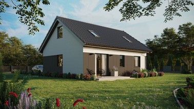 Projekt ERDOL 2 - Wersja prawa (salon po prawej stronie) - Dwuspadowy z poddaszem użytkowym – kąt nachylenia 35 stopni - Dwa okna dachowe pokojowe - Okna standardowe - Styropian, siatka i klej - Antracyt - Bez instalacji fotowoltaicznej