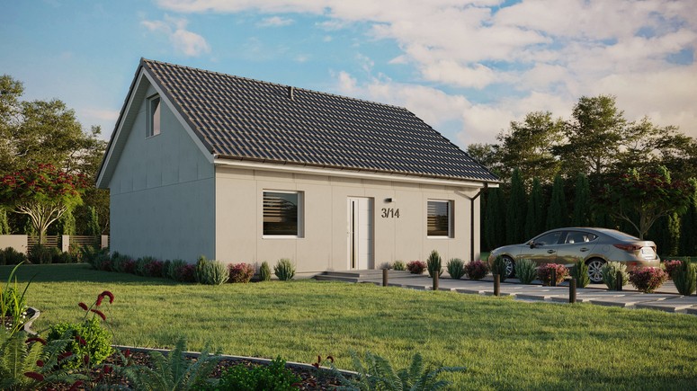 Projekt ERDOL 2 - Wersja prawa (salon po prawej stronie) - Dwuspadowy z poddaszem użytkowym – kąt nachylenia 35 stopni - Bez okien/świetlików dachowych - Okna standardowe - Bez styropianu, siatki i kleju - Biały - Bez instalacji fotowoltaicznej