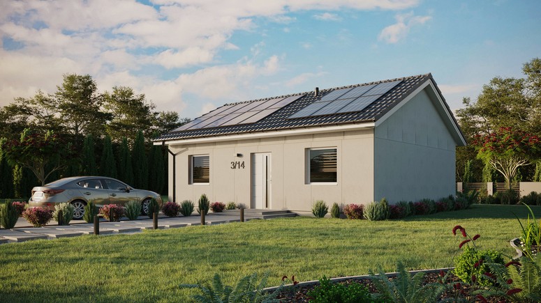 Projekt ERDOL 2 - Wersja lewa (salon po lewej stronie) - Dwuspadowy bez poddasza użytkowego – kąt nachylenia 25 stopni - Bez okien/świetlików dachowych - Okna standardowe - Bez styropianu, siatki i kleju - Biały - Instalacja fotowoltaiczna 6,4 kWp (16 paneli)