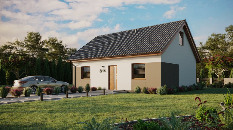 Projekt ERDOL 2 - Wersja lewa (salon po lewej stronie) - Dwuspadowy z poddaszem użytkowym – kąt nachylenia 35 stopni - Bez okien/świetlików dachowych - Okna standardowe - Styropian, siatka i klej - Złoty dąb - Bez instalacji fotowoltaicznej