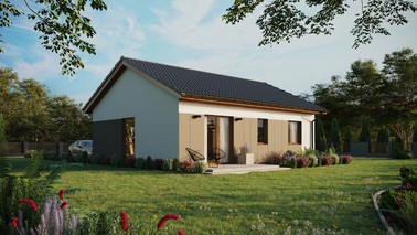 Projekt ERDOL 2 - Wersja prawa (salon po prawej stronie) - Dwuspadowy bez poddasza użytkowego – kąt nachylenia 25 stopni - Bez okien/świetlików dachowych - Okno balkonowe w jadalni - Styropian, siatka i klej - Złoty dąb - Bez instalacji fotowoltaicznej