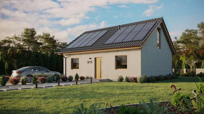 Projekt ERDOL 2 - Wersja lewa (salon po lewej stronie) - Dwuspadowy z poddaszem użytkowym – kąt nachylenia 35 stopni - Bez okien/świetlików dachowych - Okno balkonowe w jadalni i okna na poddaszu do podłogi - Bez styropianu, siatki i kleju - Winchester - Instalacja fotowoltaiczna 6,4 kWp (16 paneli)