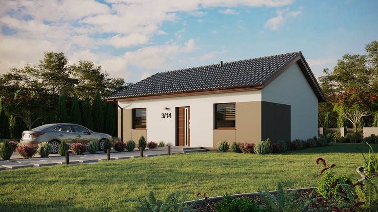 Projekt ERDOL 2 - Wersja lewa (salon po lewej stronie) - Dwuspadowy bez poddasza użytkowego – kąt nachylenia 25 stopni - Bez okien/świetlików dachowych - Okna standardowe - Styropian, siatka i klej - Orzech - Bez instalacji fotowoltaicznej