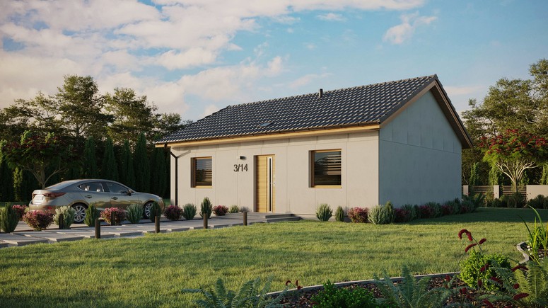 Projekt ERDOL 2 - Wersja lewa (salon po lewej stronie) - Dwuspadowy bez poddasza użytkowego – kąt nachylenia 25 stopni - Świetlik dachowy - Okna standardowe - Bez styropianu, siatki i kleju - Winchester - Bez instalacji fotowoltaicznej