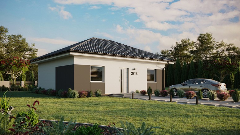 Projekt ERDOL 2 - Wersja prawa (salon po prawej stronie) - Czterospadowy bez poddasza użytkowego – kąt nachylenia 25 stopni - Bez okien/świetlików dachowych - Okna standardowe - Styropian, siatka i klej - Biały