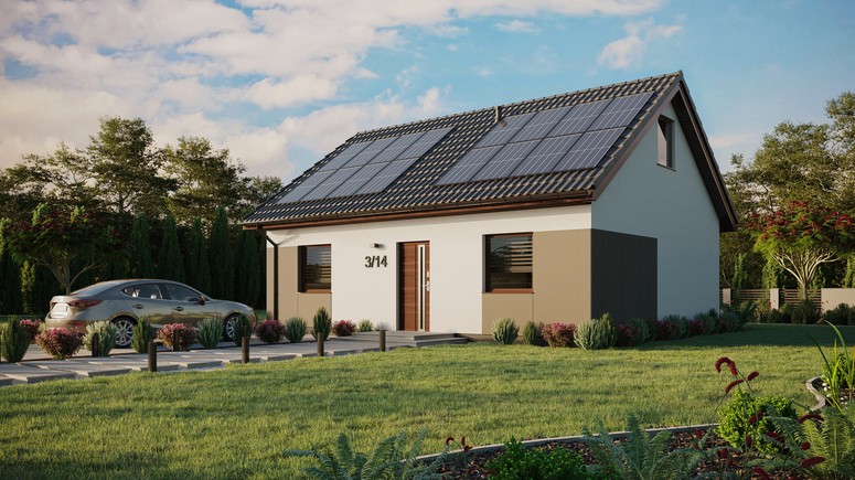 Projekt ERDOL 2 - Wersja lewa (salon po lewej stronie) - Dwuspadowy z poddaszem użytkowym – kąt nachylenia 35 stopni - Bez okien/świetlików dachowych - Okna standardowe - Styropian, siatka i klej - Orzech - Instalacja fotowoltaiczna 6,4 kWp (16 paneli)