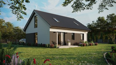 Projekt ERDOL 2 - Wersja prawa (salon po prawej stronie) - Dwuspadowy z poddaszem użytkowym – kąt nachylenia 35 stopni - Dwa okna dachowe pokojowe - Okno balkonowe w jadalni i okna na poddaszu do podłogi - Styropian, siatka i klej - Antracyt - Bez instalacji fotowoltaicznej