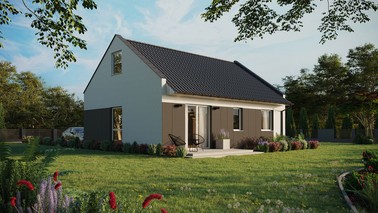 Projekt ERDOL 2 - Wersja prawa (salon po prawej stronie) - Dwuspadowy nowoczesny z poddaszem użytkowym – kąt nachylenia 35 stopni - Bez okien/świetlików dachowych - Okno balkonowe w jadalni - Styropian, siatka i klej - Biały - Bez instalacji fotowoltaicznej