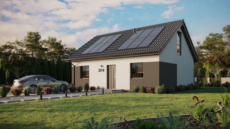 Projekt ERDOL 2 - Wersja lewa (salon po lewej stronie) - Dwuspadowy z poddaszem użytkowym – kąt nachylenia 35 stopni - Bez okien/świetlików dachowych - Okno balkonowe w jadalni i okna na poddaszu do podłogi - Styropian, siatka i klej - Antracyt - Instalacja fotowoltaiczna 4,8 kWp (12 paneli)