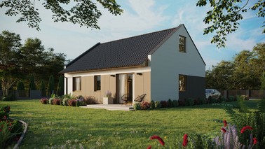 Projekt ERDOL 2 - Wersja lewa (salon po lewej stronie) - Dwuspadowy nowoczesny z poddaszem użytkowym – kąt nachylenia 35 stopni - Bez okien/świetlików dachowych - Okna standardowe - Styropian, siatka i klej - Winchester - Bez instalacji fotowoltaicznej