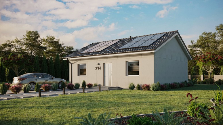 Projekt ERDOL 2 - Wersja lewa (salon po lewej stronie) - Dwuspadowy bez poddasza użytkowego – kąt nachylenia 25 stopni - Świetlik dachowy - Okna standardowe - Bez styropianu, siatki i kleju - Biały - Instalacja fotowoltaiczna 4,8 kWp (12 paneli)