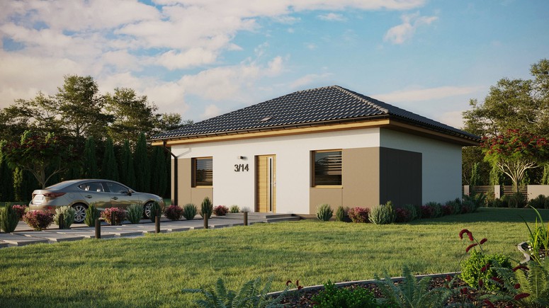 Projekt ERDOL 2 - Wersja lewa (salon po lewej stronie) - Czterospadowy bez poddasza użytkowego – kąt nachylenia 25 stopni - Świetlik dachowy - Okno balkonowe w jadalni - Styropian, siatka i klej - Winchester