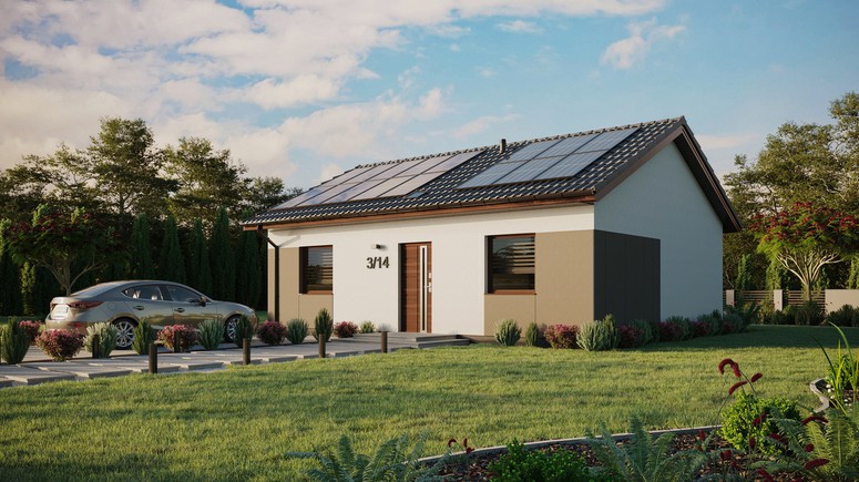 Projekt ERDOL 2 - Wersja lewa (salon po lewej stronie) - Dwuspadowy bez poddasza użytkowego – kąt nachylenia 25 stopni - Świetlik dachowy - Okna standardowe - Styropian, siatka i klej - Orzech - Instalacja fotowoltaiczna 6,4 kWp (16 paneli)