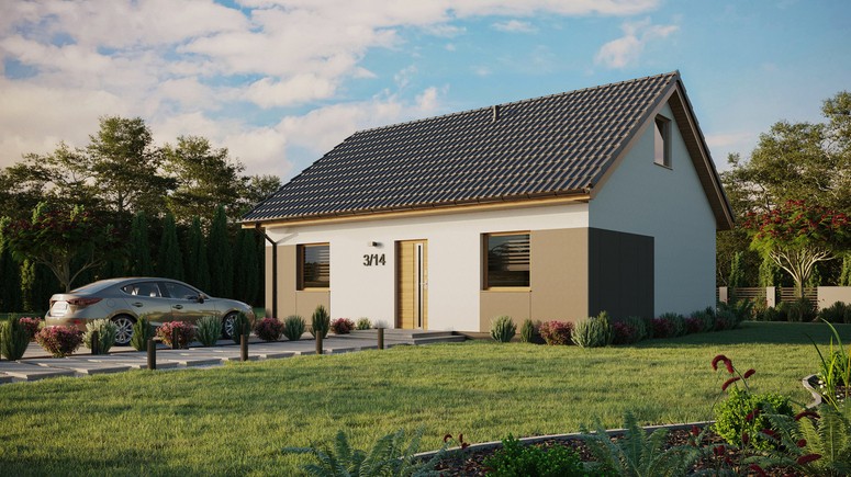 Projekt ERDOL 2 - Wersja lewa (salon po lewej stronie) - Dwuspadowy z poddaszem użytkowym – kąt nachylenia 35 stopni - Bez okien/świetlików dachowych - Okna standardowe - Styropian, siatka i klej - Winchester - Bez instalacji fotowoltaicznej