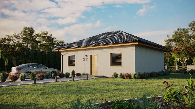 Projekt ERDOL 2 - Wersja lewa (salon po lewej stronie) - Czterospadowy bez poddasza użytkowego – kąt nachylenia 25 stopni - Świetlik dachowy - Okno balkonowe w jadalni - Bez styropianu, siatki i kleju - Winchester