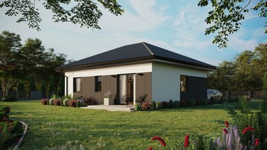 Projekt ERDOL 2 - Wersja lewa (salon po lewej stronie) - Czterospadowy bez poddasza użytkowego – kąt nachylenia 25 stopni - Bez okien/świetlików dachowych - Okna standardowe - Styropian, siatka i klej - Antracyt