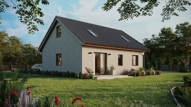 Projekt ERDOL 2 - Wersja prawa (salon po prawej stronie) - Dwuspadowy z poddaszem użytkowym – kąt nachylenia 35 stopni - Dwa okna dachowe pokojowe - Okna standardowe - Bez styropianu, siatki i kleju - Orzech - Bez instalacji fotowoltaicznej