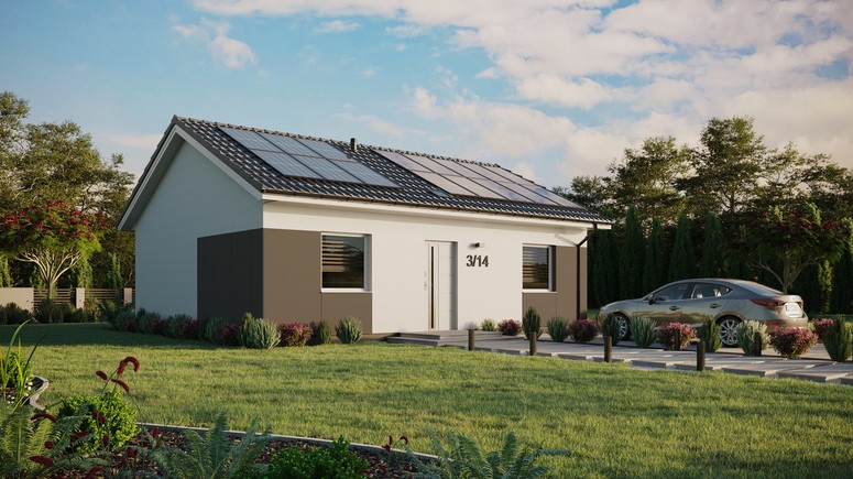 Projekt ERDOL 2 - Wersja prawa (salon po prawej stronie) - Dwuspadowy bez poddasza użytkowego – kąt nachylenia 25 stopni - Świetlik dachowy - Okna standardowe - Styropian, siatka i klej - Biały - Instalacja fotowoltaiczna 6,4 kWp (16 paneli)