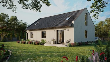 Projekt ERDOL 3 - Wersja lewa (salon po lewej stronie) - Dwuspadowy nowoczesny z poddaszem użytkowym – kąt nachylenia 35 stopni - Dwa okna dachowe pokojowe - Okna na poddaszu do podłogi - Bez styropianu, siatki i kleju - Antracyt - Bez instalacji fotowoltaicznej