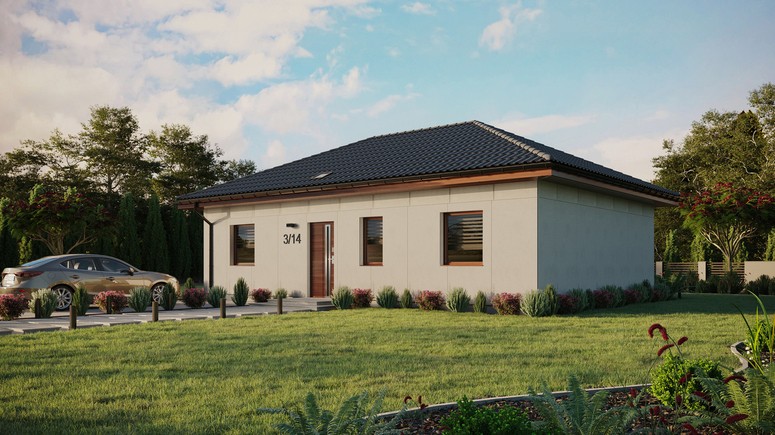 Projekt ERDOL 3 - Wersja lewa (salon po lewej stronie) - Czterospadowy bez poddasza użytkowego – kąt nachylenia 25 stopni - Świetlik dachowy - Okna standardowe - Bez styropianu, siatki i kleju - Orzech