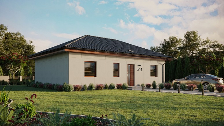 Projekt ERDOL 3 - Wersja prawa (salon po prawej stronie) - Czterospadowy bez poddasza użytkowego – kąt nachylenia 25 stopni - Świetlik dachowy - Okna standardowe - Bez styropianu, siatki i kleju - Orzech