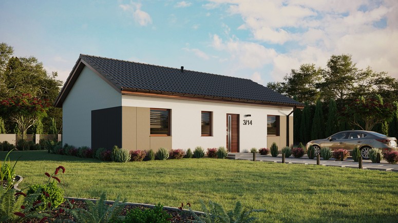 Projekt ERDOL 3 - Wersja prawa (salon po prawej stronie) - Dwuspadowy bez poddasza użytkowego – kąt nachylenia 25 stopni - Bez okien/świetlików dachowych - Okna standardowe - Styropian, siatka i klej - Orzech - Bez instalacji fotowoltaicznej