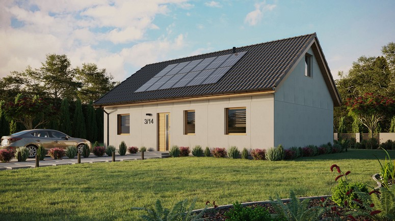 Projekt ERDOL 3 - Wersja lewa (salon po lewej stronie) - Dwuspadowy z poddaszem użytkowym – kąt nachylenia 35 stopni - Bez okien/świetlików dachowych - Okna standardowe - Bez styropianu, siatki i kleju - Winchester - Instalacja fotowoltaiczna 4,8 kWp (12 paneli)