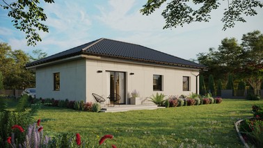 Projekt ERDOL 3 - Wersja prawa (salon po prawej stronie) - Czterospadowy bez poddasza użytkowego – kąt nachylenia 25 stopni - Bez okien/świetlików dachowych - Okna standardowe - Bez styropianu, siatki i kleju - Antracyt