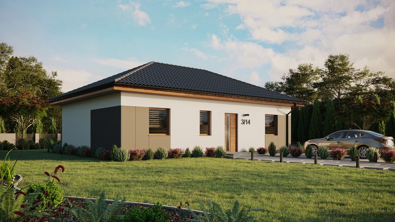 Projekt ERDOL 3 - Wersja prawa (salon po prawej stronie) - Czterospadowy bez poddasza użytkowego – kąt nachylenia 25 stopni - Bez okien/świetlików dachowych - Okna standardowe - Styropian, siatka i klej - Złoty dąb