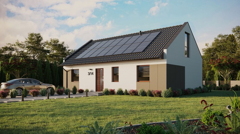 Projekt ERDOL 3 - Wersja lewa (salon po lewej stronie) - Dwuspadowy nowoczesny z poddaszem użytkowym – kąt nachylenia 35 stopni - Bez okien/świetlików dachowych - Okno balkonowe w jadalni i okna na poddaszu do podłogi - Styropian, siatka i klej - Orzech - Instalacja fotowoltaiczna 6,4 kWp (16 paneli)