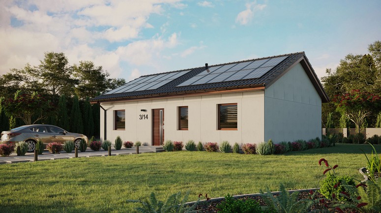 Projekt ERDOL 3 - Wersja lewa (salon po lewej stronie) - Dwuspadowy bez poddasza użytkowego – kąt nachylenia 25 stopni - Bez okien/świetlików dachowych - Okna standardowe - Bez styropianu, siatki i kleju - Orzech - Instalacja fotowoltaiczna 8,0 kWp (20 paneli)