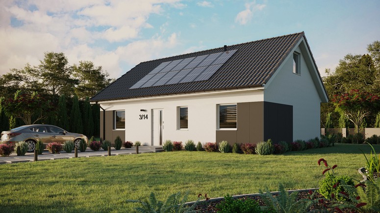 Projekt ERDOL 3 - Wersja lewa (salon po lewej stronie) - Dwuspadowy z poddaszem użytkowym – kąt nachylenia 35 stopni - Bez okien/świetlików dachowych - Okna standardowe - Styropian, siatka i klej - Biały - Instalacja fotowoltaiczna 4,8 kWp (12 paneli)