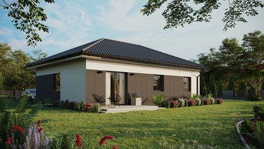 Projekt ERDOL 3 - Wersja prawa (salon po prawej stronie) - Czterospadowy bez poddasza użytkowego – kąt nachylenia 25 stopni - Bez okien/świetlików dachowych - Okna standardowe - Styropian, siatka i klej - Antracyt