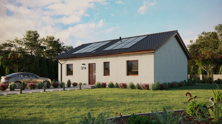 Projekt ERDOL 3 - Wersja lewa (salon po lewej stronie) - Dwuspadowy bez poddasza użytkowego – kąt nachylenia 25 stopni - Świetlik dachowy - Okna standardowe - Bez styropianu, siatki i kleju - Orzech - Instalacja fotowoltaiczna 4,8 kWp (12 paneli)