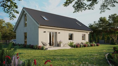 Projekt ERDOL 3 - Wersja prawa (salon po prawej stronie) - Dwuspadowy z poddaszem użytkowym – kąt nachylenia 35 stopni - Dwa okna dachowe pokojowe - Okno balkonowe w jadalni i okna na poddaszu do podłogi - Bez styropianu, siatki i kleju - Biały - Bez instalacji fotowoltaicznej